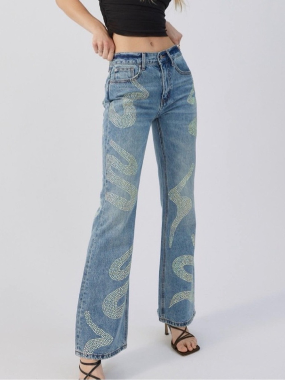 BDG Mid-rise 90s Bootcut Iridescent Rhinestone Snake Embellished Jeans Size 27